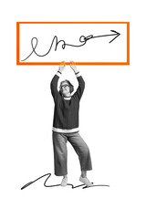 Exclusive art banner collage of happy old woman wear headphones listen music hold placard...