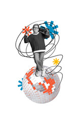 Composite trend artwork sketch image collage of carefree party vintage nightclub aged lady stand...