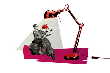 Composite trend artwork sketch image photo collage of aged woman drive journey motorbike hand hold...