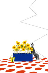 Composite trend artwork sketch collage of beige color space monochrome miniature aged lady stand...