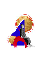 Vertical collage poster mature cheerful woman grandmother positive carefree mood painted brush...