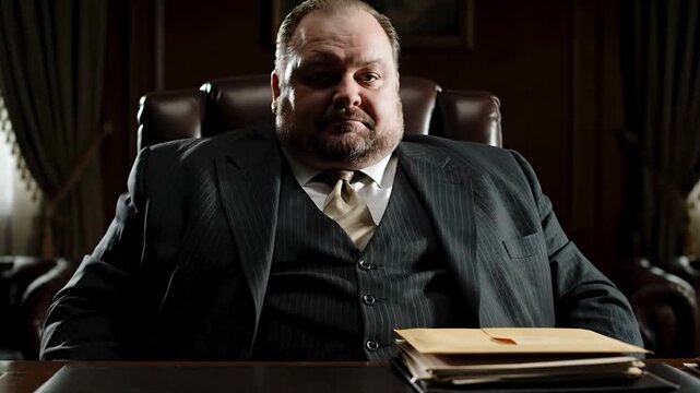 A portly politician in a suit represents corruption and bribery. This footage is perfect for concepts of greed, consumerism, and political power.