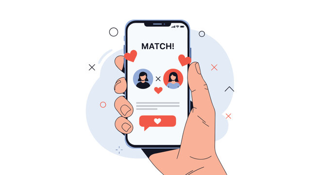 Hand holds a smartphone showing a match notification on a dating app with two female profiles and heart symbols.