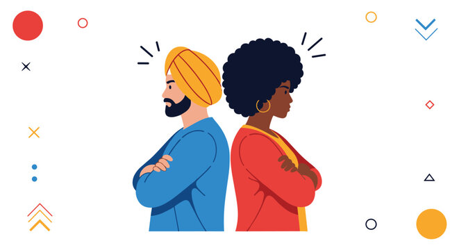 Man in a turban and a woman with an afro stand back to back with their arms crossed during a conflict or disagreement.
