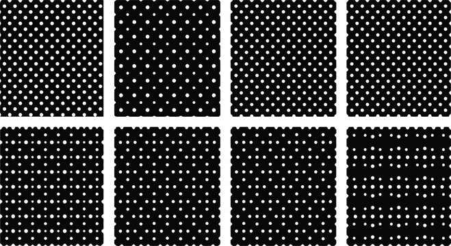 Eight variations of black and white polka dot and dot matrix patterns texture
