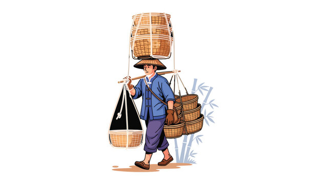 Carrying the load: An illustration depicts a person, dressed in traditional attire, gracefully carrying baskets using a traditional carrying pole.