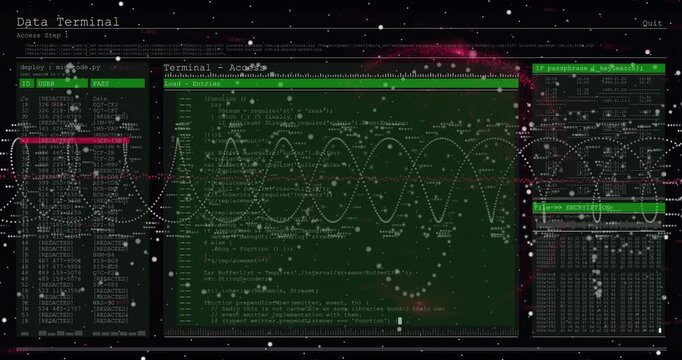 Animation of digital interface screen with programming language and spiral patterns moving in loop