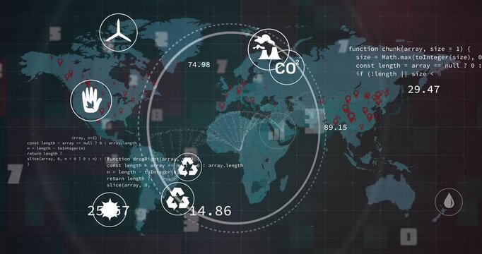 Animation of data, icons and world map on black background