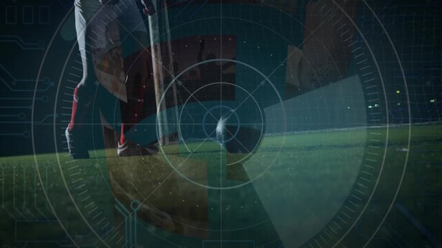 Animation of data processing with scope scanning over football player running with ball