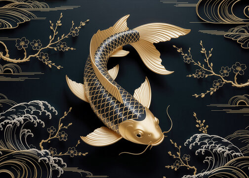 Elegant Japanese Koi Fish with Gold and Wave Pattern
