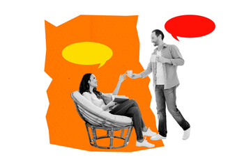 Composite creative art collage of two happy girl guy hold coffee cup beverage bubble communication...