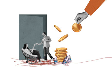 Composite photo collage of happy girl guy business partners success deal coin roll dollar drink...