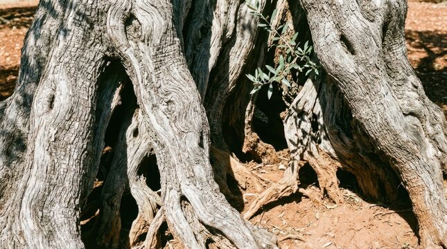 The gnarled interior of a 3000-year-old olive tree in Puglia, the trunk split into multiple massive boles each twisted into organic sculpture, silvery-grey bark deeply fissured with ridges like a