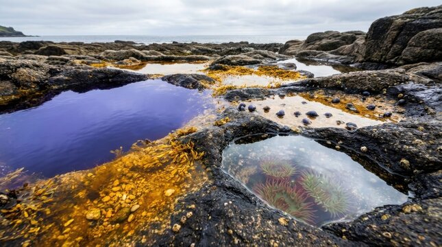 Low tide rock pools on the Cornish coast, each pool a different color  the deepest violet-blue, shallow ones amber with algae, some clear as glass  all set in dark wet granite, anemone fronds