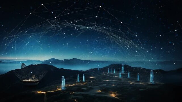 Observatories and data towers on a mountain landscape at night, creating an interconnected digital network under a starry sky, representing modern communication and exploration