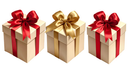 Fototapeta premium Three square gift boxes with colorful satin bows atop against a dark background