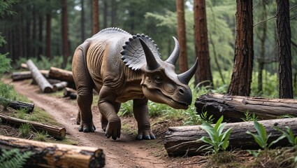 Fototapeta premium Leptoceratops walking along forest trail beside fallen logs and groundcover plants