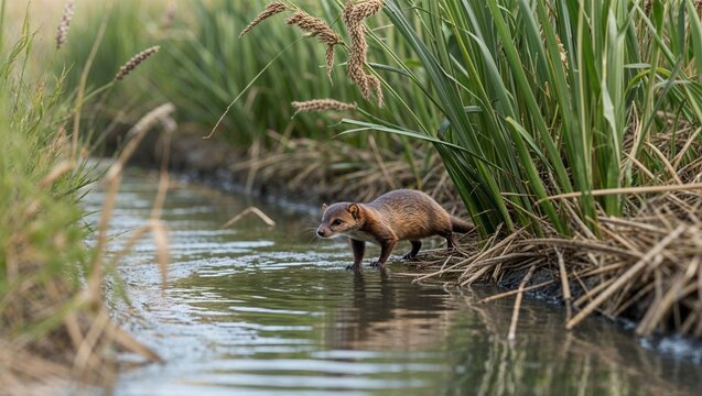 Least weasel hunting through tall grass by irrigation canal
