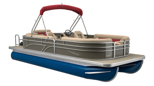 A serene lake scene featuring a blue and silver pontoon boat with a red canopy.