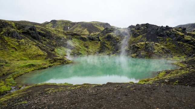 Blue hot spring in Landmannalaugar Iceland, the spring waters a vivid turquoise-green from silica, steam rising in gentle columns, the surrounding hills covered in obsidian-black rhyolite and vivid