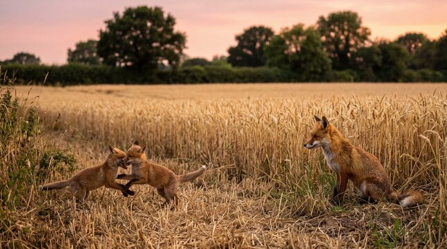 A wild fox family at the edge of a summer wheat field at dusk, two cubs playing in the stubble while the vixen watches, the wheat golden and high behind them, the sky warm pink above the tree line,