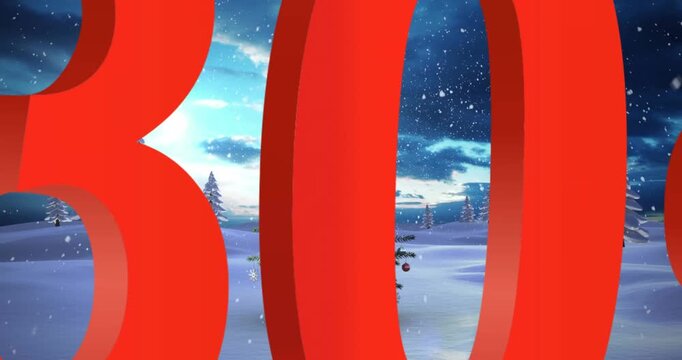 Animation of -30 percet text over christmas tree and winter landscape