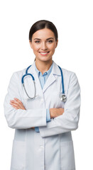 Fototapeta premium Professional female doctor with stethoscope around her neck posing confidently isolated on transparent background,png