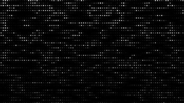 White dots on black background. Big data flow. Halftone texture animation. Randomly glowing dots. Bussines data and technology video effect.