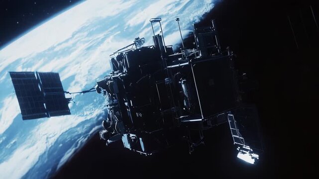 Advanced satellite with solar panels orbiting planet earth, facilitating worldwide communication, global connectivity, and collecting valuable data from space