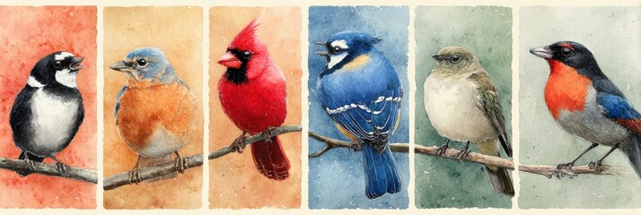 Obraz premium Collection of Six Watercolor Illustrations Featuring Robin, Blue Jay, Cardinal, Swallow, Finch, and Hummingbird Arranged in a 2x3 Grid With Warm-Toned Backgrounds