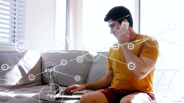 Animation of network of connections with icons over caucasian businesswoman using phone headset