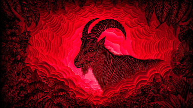 Silhouette of a goat with horns on a red background. The background is wavy, creating a sense of movement.