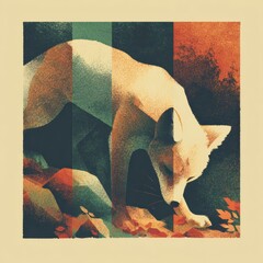 Fototapeta premium Fox Walking Through an Autumn Forest With Warm Colors and Grainy Texture in a Simple Graphic Illustration