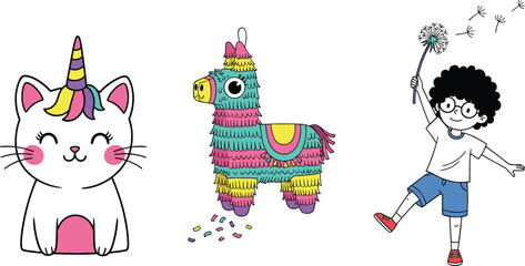 Naklejka premium Cute cartoon vector set featuring unicorn cat, colorful piñata llama and playful child with dandelion illustration