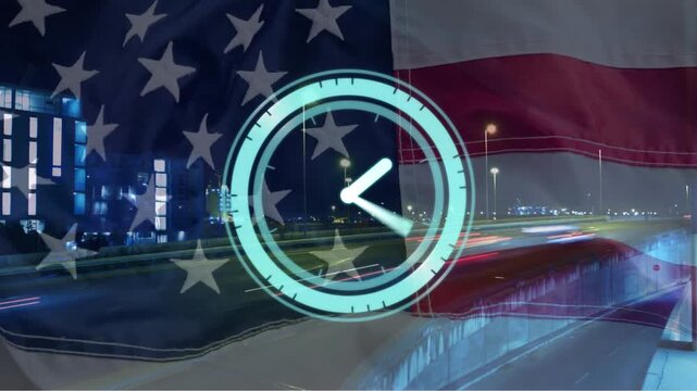 Animation of clock and clock over falling clock and network of connections over empty office