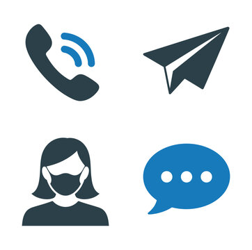 Vector icons of a phone, paper airplane, masked person, and message bubble.