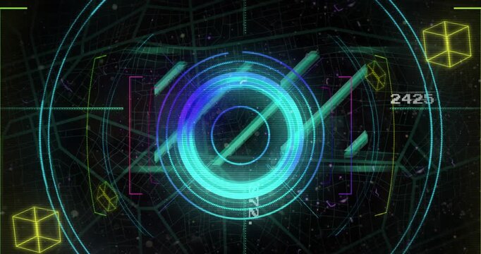 Animation of cube in circles, lines, arrows with changing numbers over navigation pattern