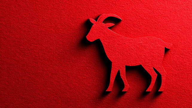 A silhouette of a red goat standing on four legs is depicted on a red background. The goat is turned to the right.