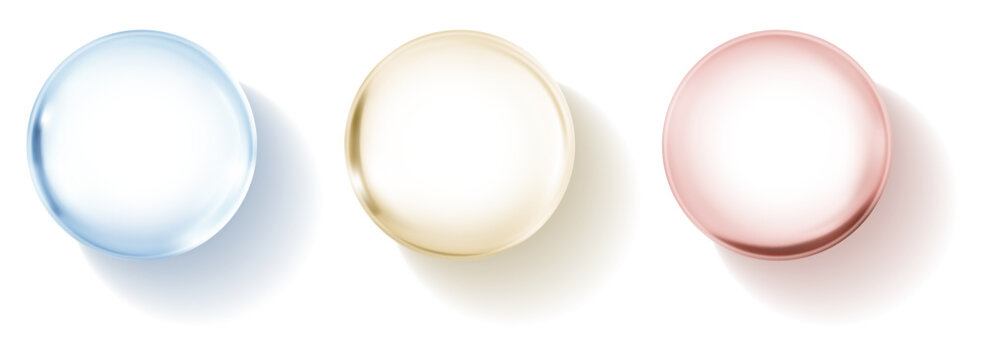 透明感のあるガラス風円形ボタン素材セット、ブルー・ゴールド・ピンクの柔らかい立体UIデザインパーツ