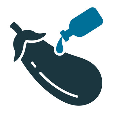 A vector illustration showing a dropper bottle dripping liquid onto a large purple eggplant
