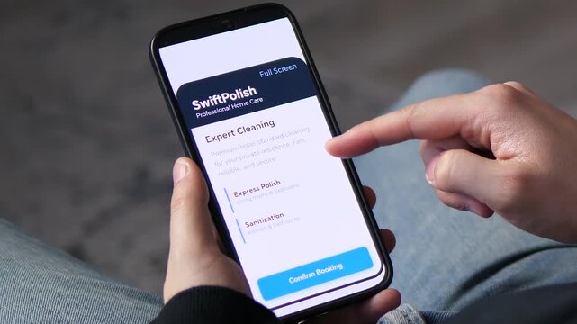 POV of a user ordering premium house cleaning through a mobile application. Secure and fast digital transaction for home maintenance. Trendy footage for smart living, modern lifestyle, and domestic
