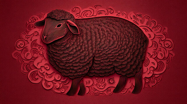 The image shows a sheep on a red background. There is a pattern around the sheep that resembles curls. The image is made in red tones. 2027.
