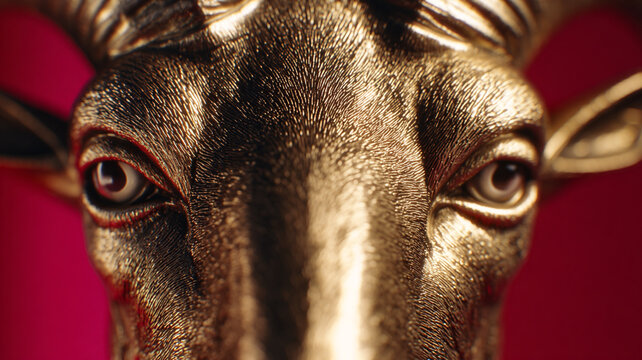 The image shows the head of a golden goat on a red background. Eyes and horns are visible. The texture of the metal is shiny.