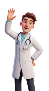 Friendly doctor character waving in a white coat and stethoscope isolated on transparent background,png