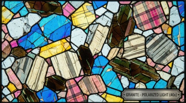 Thin section of granite under polarised light, quartz, feldspar, and biotite crystals in false colour interference patterns, interlocking crystal mosaic visible at 40x, geological rock type diagnostic