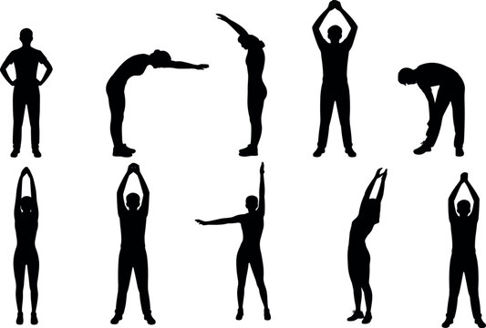People stretching silhouettes in different poses isolated on white background, fitness exercise routine, warm up workout, healthy lifestyle concept