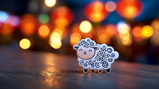 The image shows a small figure of a sheep with a smiling face. The background is blurred, with colorful lights creating a bokeh effect.