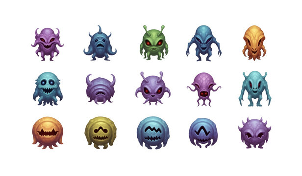 Collection of Colorful cartoon alien creatures smiling.