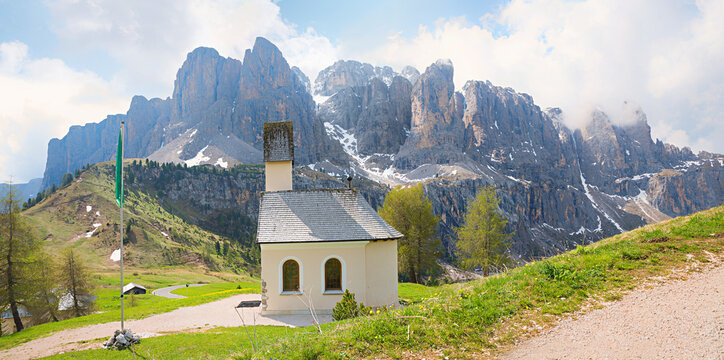 chapel at passo gardena, Grodnerjoch. view to Sella mountain group dolomites alps italy