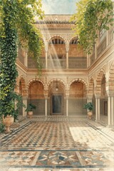 Obraz premium Empty Moroccan Riad courtyard background with beautiful sun rays and mosaic tiles, watercolor illustration.